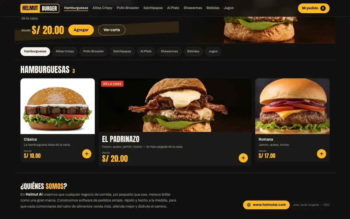 Web de pedidos de Helmut Burger en computadora