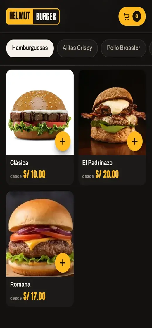 Web de pedidos de Helmut Burger en el celular