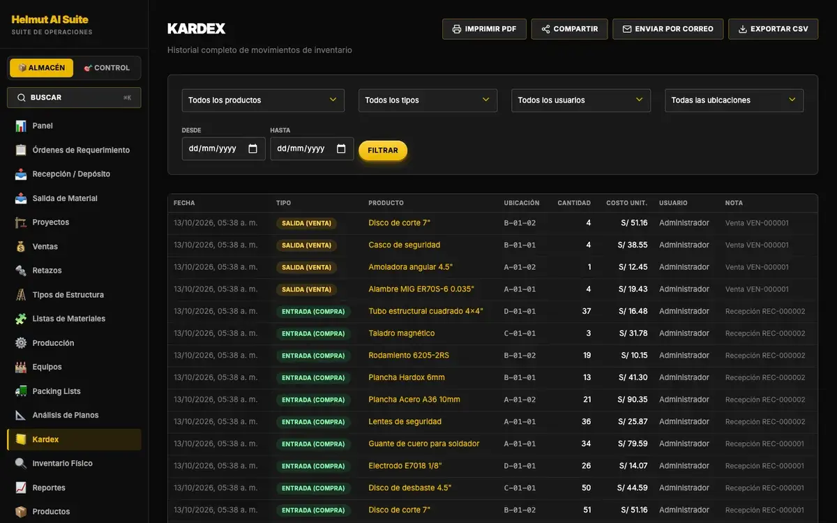 Helmut Inventario: kardex de un material en computadora