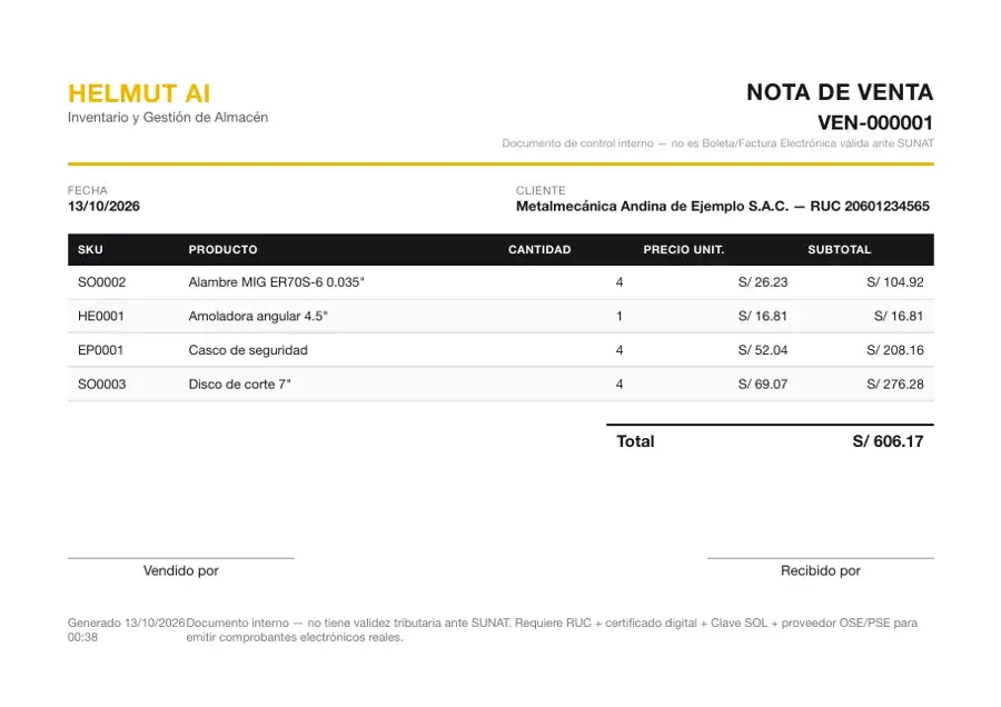 Nota de venta emitida por Helmut Inventario (datos de ejemplo)