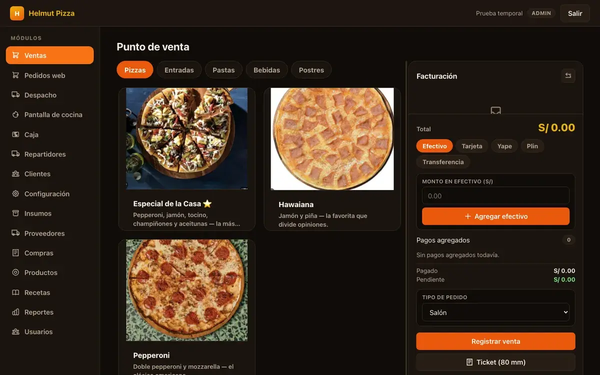 Panel de gestión de Helmut Pizza en computadora