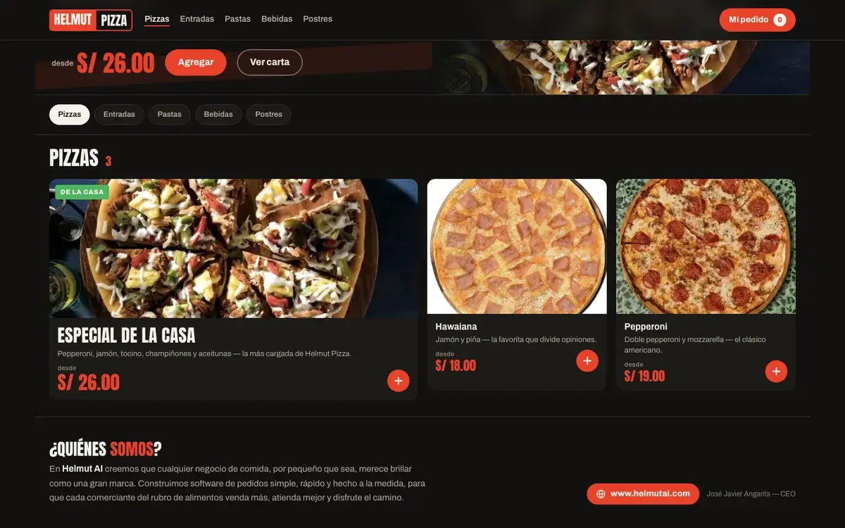 Web de pedidos de Helmut Pizza en computadora
