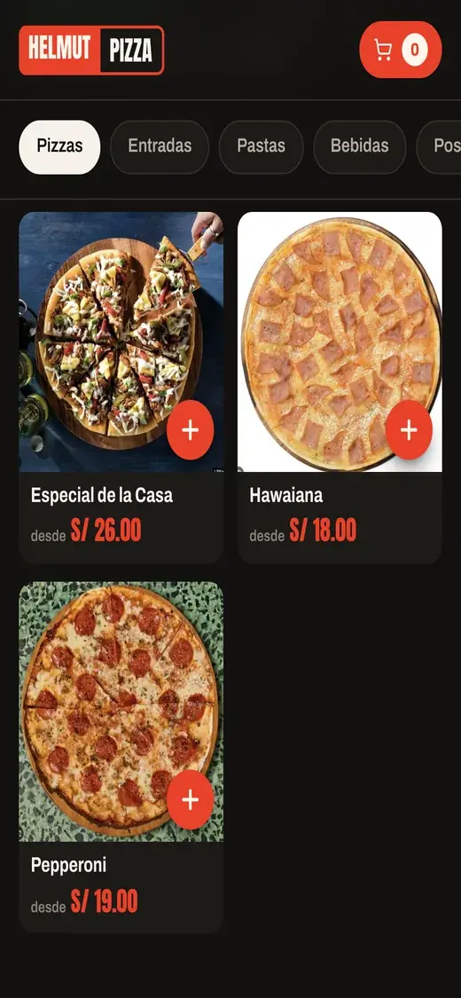 Web de pedidos de Helmut Pizza en el celular