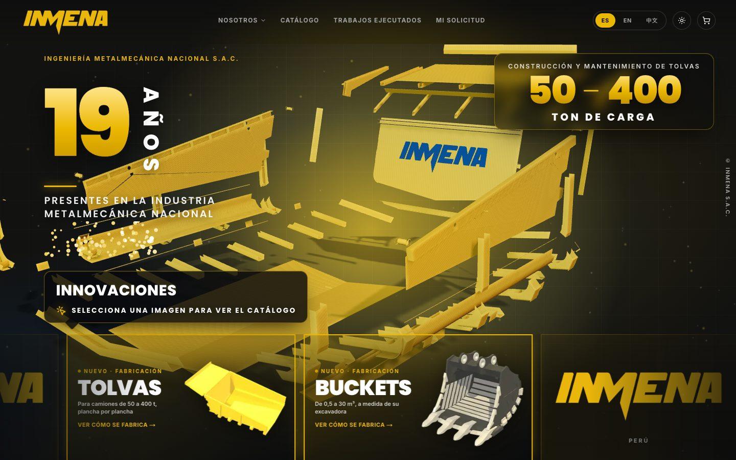 Portada de la web de INMENA con la tolva desarmada en 3D