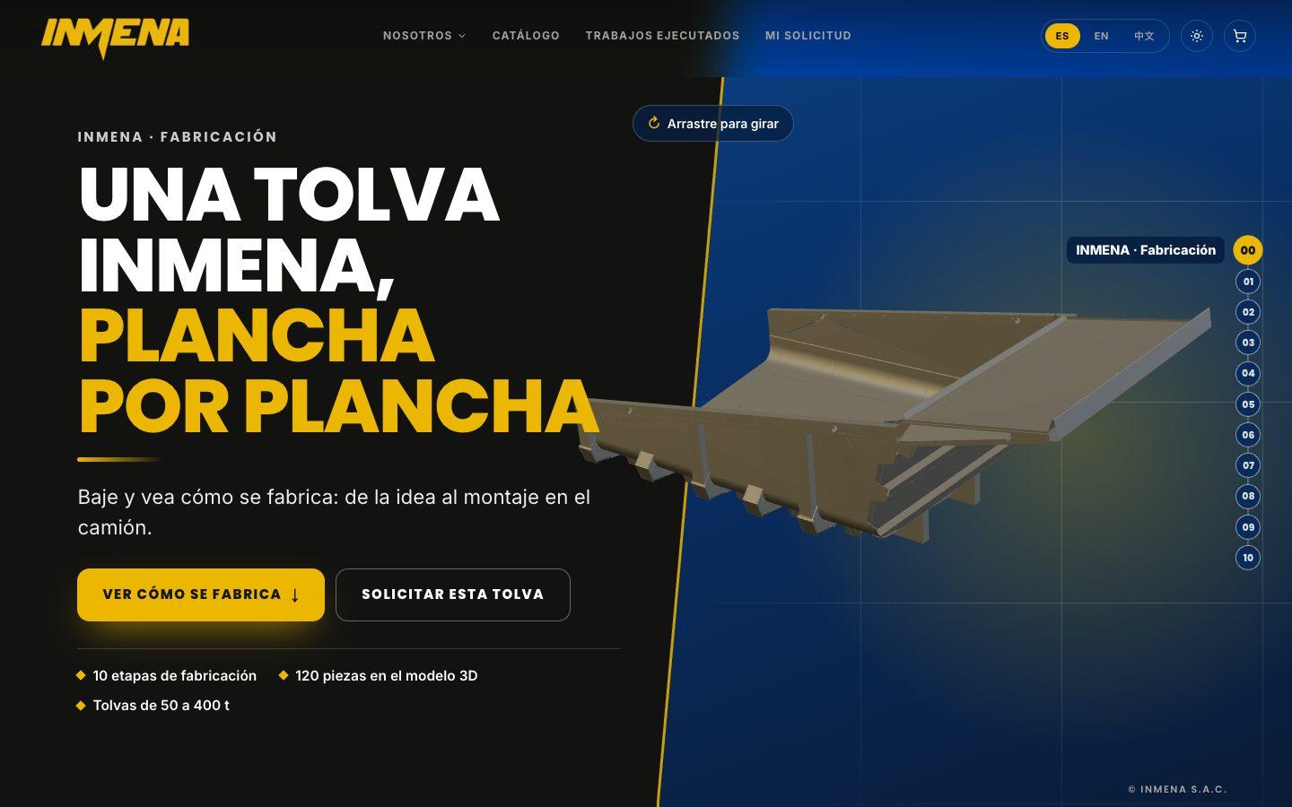 Página de tolvas de INMENA con el modelo 3D que se puede girar